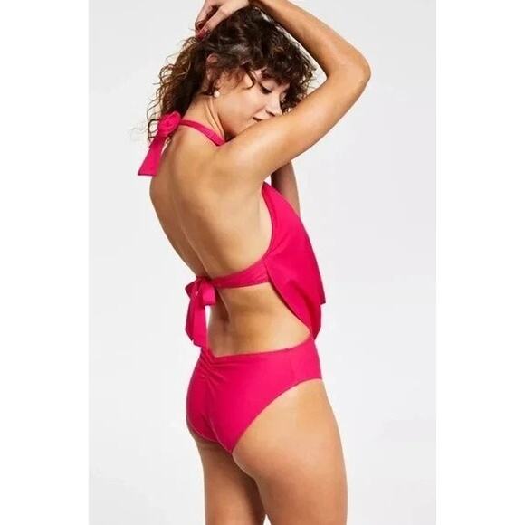 NEW bar III Plunge Cowl Neck One Piece Swimsuit XS Ruby Pink Cutout Monokini - Picture 3 of 9